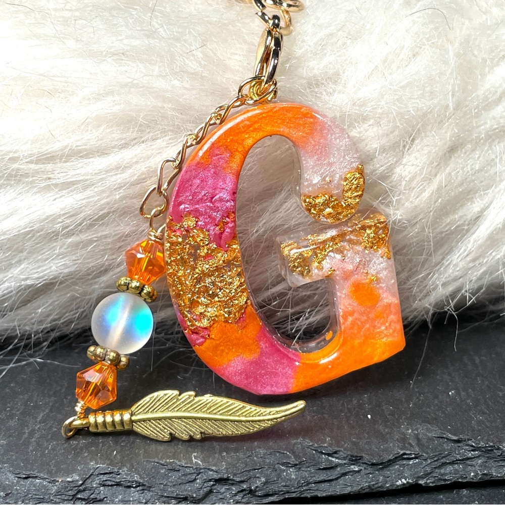Custom Orange And Pink Initial Letter “G” Keychain with Gold Accents - Picture 4 of 6